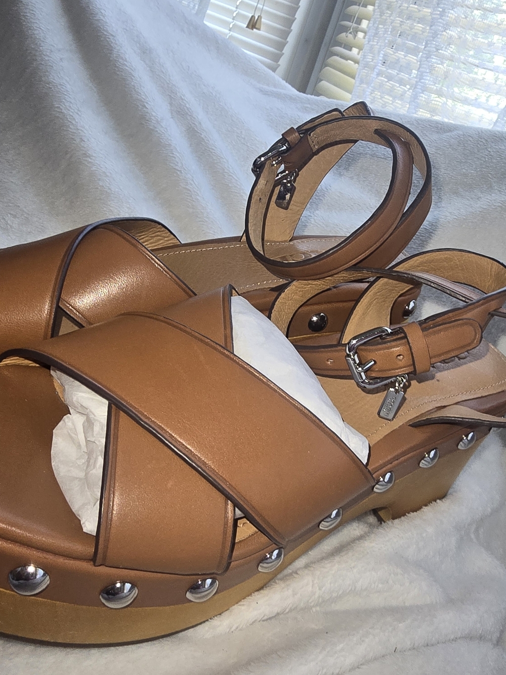 Coach Tan Leather Crisscross Platform Sandals - Picture 4 of 7